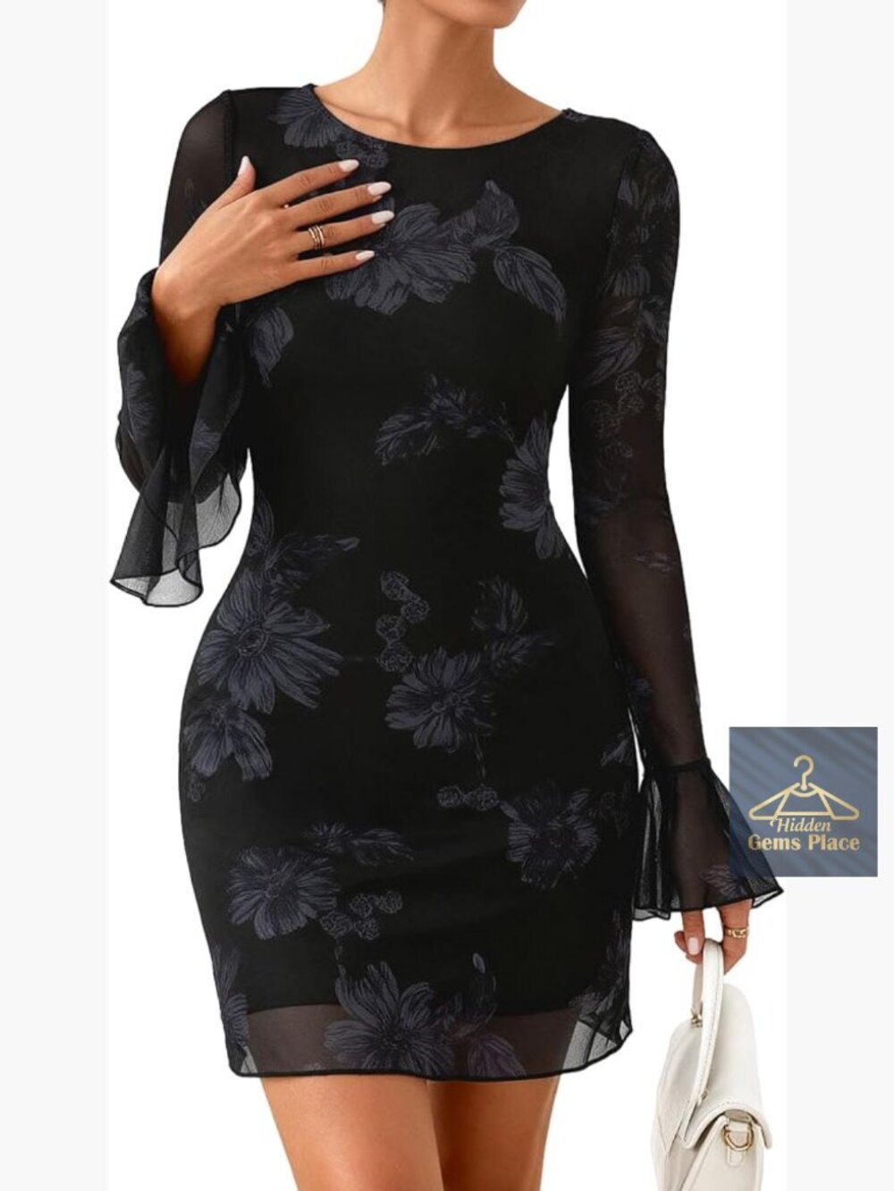 Floral Mesh Mini Dress Long Bell Sleeves Bodycon Party Dress
